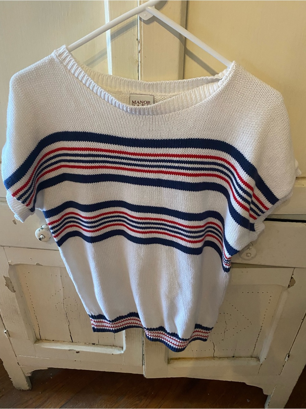 Lark Manor White Crewneck Sweater with Navy and Red Stripes